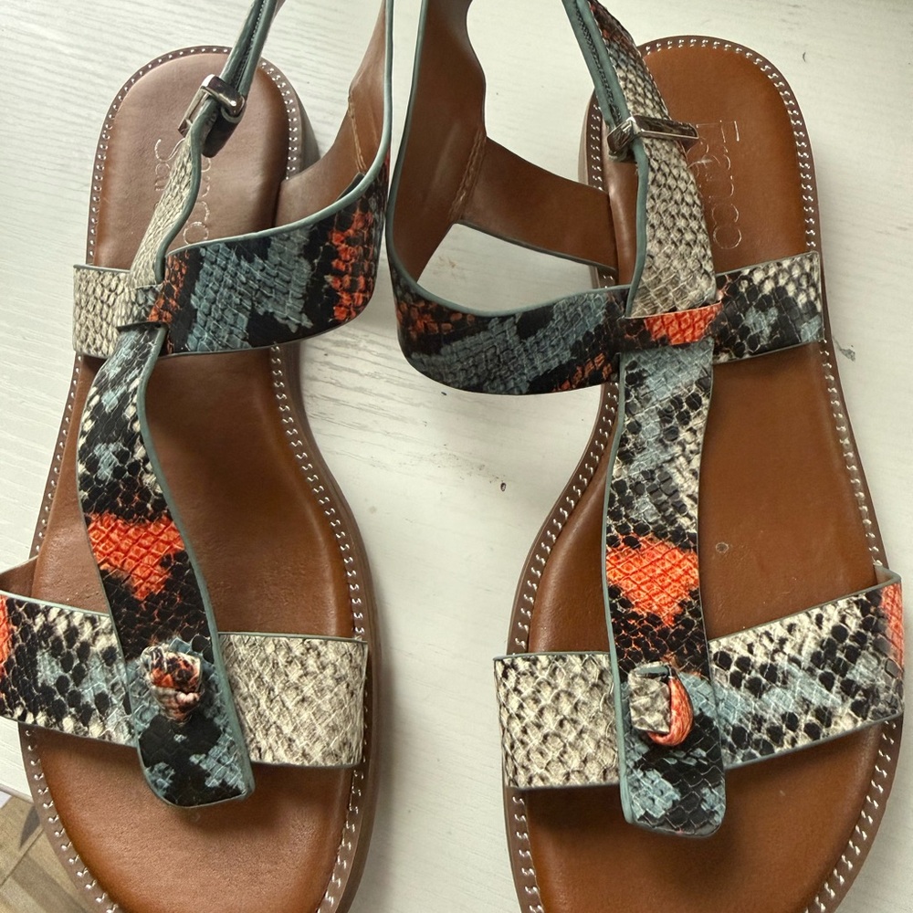 Franco Sarto Snakeskin Pattern Sandals - Black, Orange, Cream